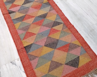 2x6 CM Block Print Kilim Runner Rug Handwoven Wool and Jute Rug Handmade Kilim Dhurrie Rug Motifs Oriental Jute Rug, Turkish Indian Rug
