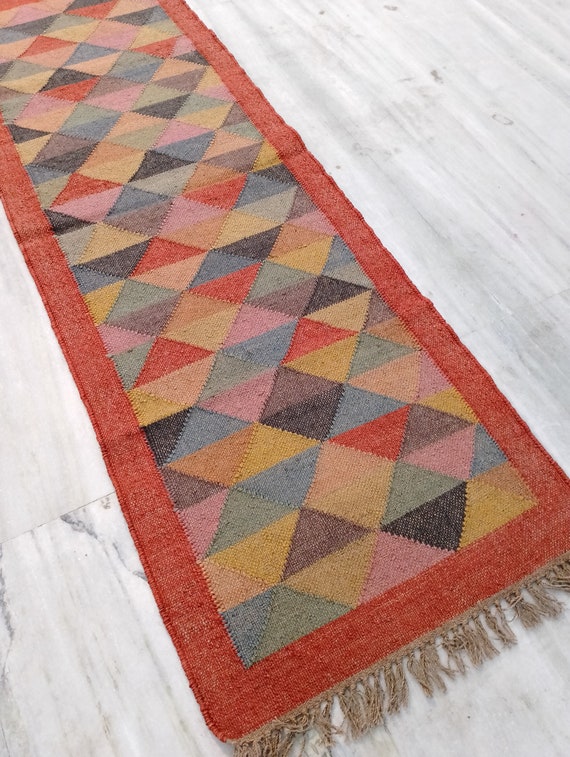 Handwoven Block Print Kilim Wool Jute Runner Rug, 2x6 8X10 9X12 Ft Handmade Kilim Indian Dhurrie Motifs Oriental Turkish Rug