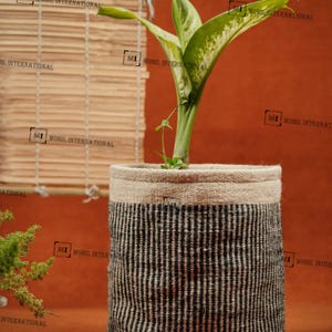 Handwoven Jute Storage Planter, Black & Beige Jute Cotton Planter, Office Decor Pot Planter, Nursery Large Basket Plant, Garden Jute Plant