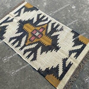 Handwoven Wool Jute Kilim Rug, Handmade Kilim Dhurrie Rug, Multicolor Jute Rug, Traditional Area Jute Rug, Indian Geometric wool Rug