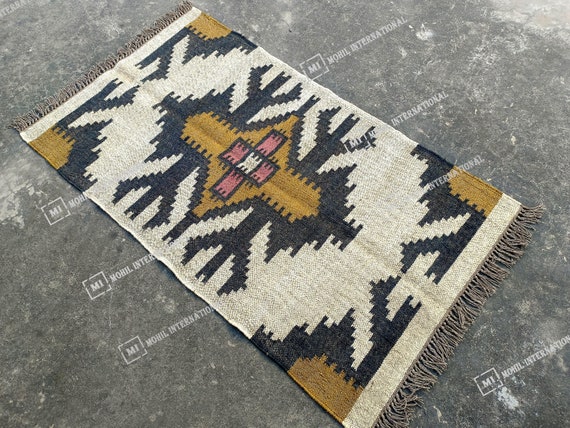 Handwoven Wool Jute Kilim Rug, Handmade Kilim Dhurrie Rug, Multicolor Jute Rug, Traditional Area Jute Rug, Indian Geometric wool Rug