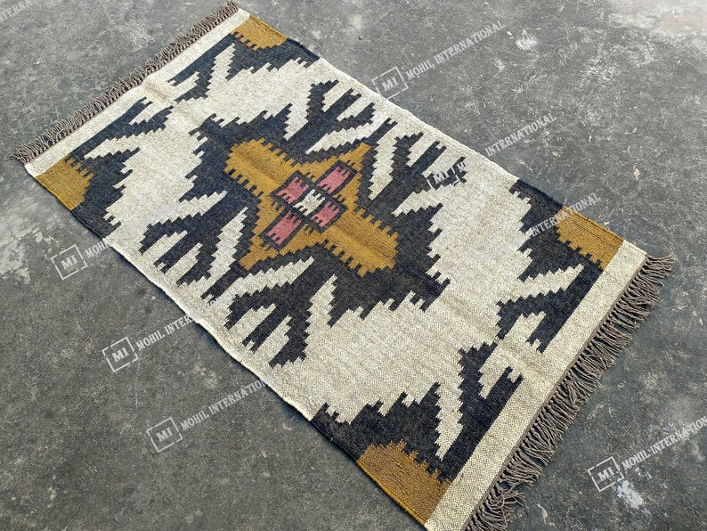 Handwoven Wool Jute Kilim Rug, Handmade Kilim Dhurrie Rug, Multicolor Jute Rug, Traditional Area Jute Rug, Indian Geometric wool Rug