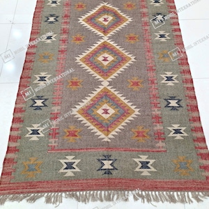 Handmade Wool Jute Kilim Rug Runner, Flatweave Rug, Multicolor Jute Rug, Bohemian Rug, Turkish Oushak Jute Rug, Indian Hallway Dhurrie Rug