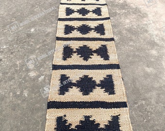 Handgewebter Dhurrie Teppich, Natürlicher Juteteppich, Handgeflochtener Teppich, Beige & Schwarzer Juteteppich