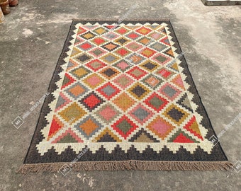 Kilim Rug, Wool Jute Rug, Oriental Rug, Boho Patterned Rug, Turkish Rug, Traditional Indian Rug, Handwoven Area Rug, Kilim Dhurrie Rug