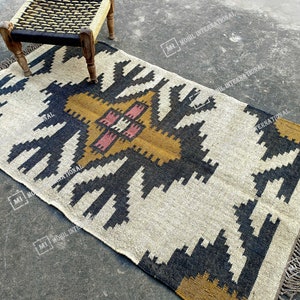Handwoven Wool Jute Kilim Rug, Handmade Kilim Dhurrie Rug, Multicolor Jute Rug, Traditional Area Jute Rug, Indian Geometric wool Rug