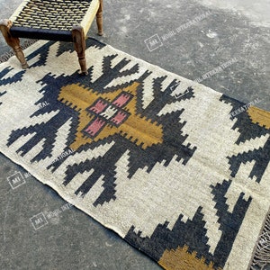 Alfombra Kilim de yute de lana multicolor, alfombra de área kilim, alfombra de lana y yute, alfombra ecológica, alfombra de yute, decoración boho, alfombra de tamaño personalizado/alfombra Navajo Kilim