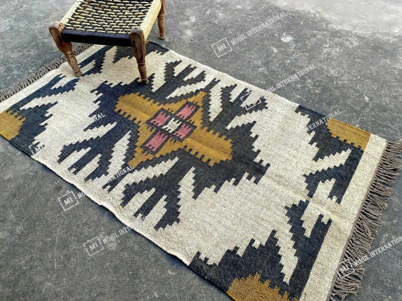 Handwoven Wool Jute Kilim Rug, Handmade Kilim Dhurrie Rug, Multicolor Jute Rug, Traditional Area Jute Rug, Indian Geometric wool Rug