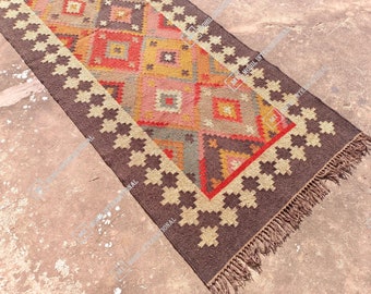 Bohemian Wool Kilim Jute Runner Rug, Handmade Boho Oushak Indian Outdoor Patio Rug for Hallway Entryway Living Room