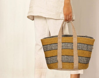 Handwoven Striped Jute Tote Bag, Large Shoulder Bag