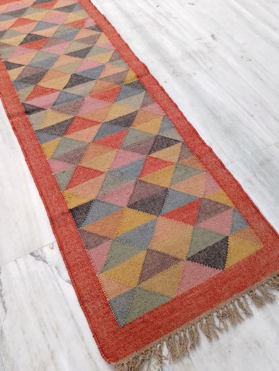Handmade Wool Jute Runner Rug: Geometric 6x10ft Navajo Kilim Turkish Modern Farmhouse Tribal Bohemian Large Area Kitchen Decor Rug