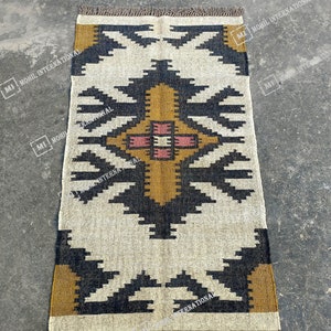 Handwoven Wool Jute Kilim Rug, Handmade Kilim Dhurrie Rug, Multicolor Jute Rug, Traditional Area Jute Rug, Indian Geometric wool Rug