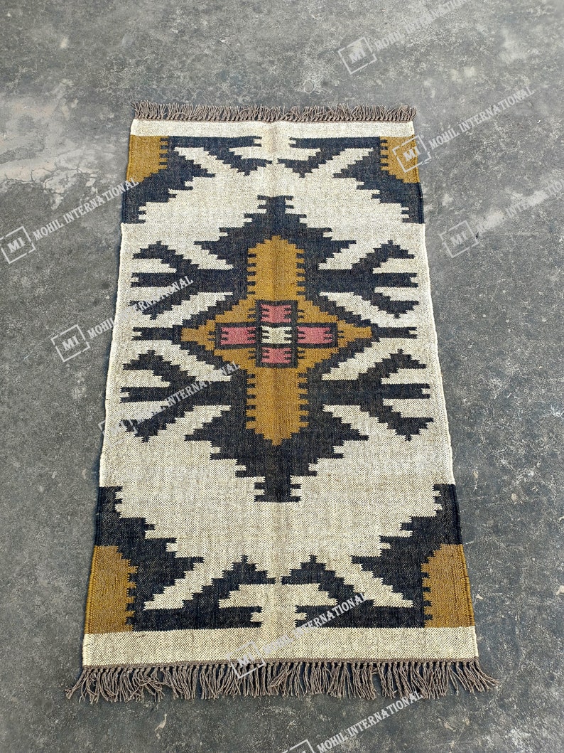 Handwoven Wool Jute Kilim Rug, Handmade Kilim Dhurrie Rug, Multicolor Jute Rug, Traditional Area Jute Rug, Indian Geometric wool Rug