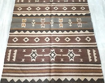 Handwoven Wool Jute Rug: 8x12ft Custom Navajo Kilim Bohemian Turkish Large Area Farmhouse Decor, Office Indoor Southwestern Rug