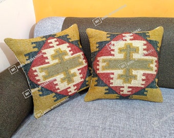 Jute Cushion Natural Handmade Cushion Cover Throw Pillow Natural And Multi color Handwoven Sofa Cushion Cover, Decorative