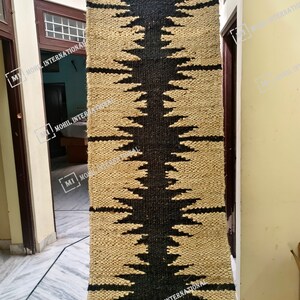 Handmade Jute Runner Rug, Natural Beige Black Farmhouse Bohemian Flatweave Dhurrie