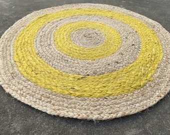 Handmade Round Braided Jute Rug, Yellow & Natural Circle Floor Mat, Eco Boho Area Rug for Living Room, Bedroom or Dining Table Decor