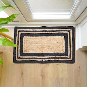 Tapis kilim personnalisé 8 x 10 pieds, tapis de passage beige naturel et noir, tapis d&#39;entrée en jute, tapis bohème en jute, tapis en jute festonné