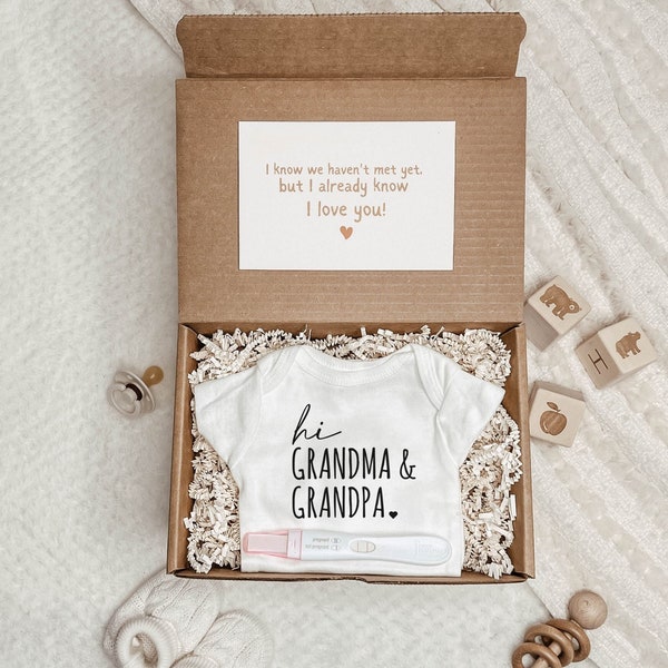 Pregnancy Announcement Box: Hi Grandma and Grandpa, Hi Daddy, etc - Tell Your Family You're Pregnant Pregnancy Reveal Baby Bodysuit Gift Box