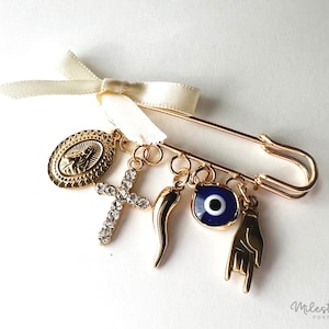 Protection Pin, Newborn baby gift, Baptism Keepsake pin, Brooch, Religious gift, Baby Gift, Pregnancy Pin, Charms, Eye, Initials. etc.