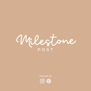 May include: White text on a light brown background reads "Milestone Post" with the word "Post" in smaller font. Below the text are icons for Instagram and Pinterest.