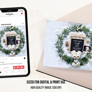 May include: A baby announcement with a wreath of greenery and white flowers surrounding a chalkboard sign that reads "BABY WORTH EVERY SINGLE SHOT BABY RICHARDS JUNE 2022". There are also wooden blocks that spell out "BABY", a pair of white baby booties, a pacifier, and a sonogram photo.