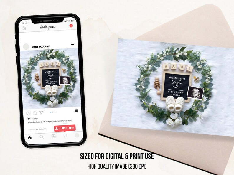 May include: A baby announcement with a wreath of greenery and white flowers surrounding a chalkboard sign that reads "BABY WORTH EVERY SINGLE SHOT BABY RICHARDS JUNE 2022". There are also wooden blocks that spell out "BABY", a pair of white baby booties, a pacifier, and a sonogram photo.
