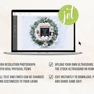 May include: A laptop screen displaying a digital mockup of a baby announcement with a white background. The announcement features a wreath of greenery with a black chalkboard sign that reads "World's First Single Shot". The announcement also includes a small wooden block that reads "Baby" and a small wooden block that reads "Girl". The announcement also includes a small ultrasound image.
