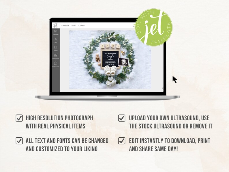 May include: A laptop screen displaying a digital mockup of a baby announcement with a white background. The announcement features a wreath of greenery with a black chalkboard sign that reads "World's First Single Shot". The announcement also includes a small wooden block that reads "Baby" and a small wooden block that reads "Girl". The announcement also includes a small ultrasound image.