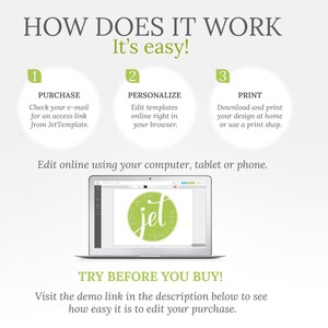 May include: A white background with green text that reads "How Does It Work? It's Easy!"  Three steps are outlined with numbers and green circles. Step 1: Purchase. Step 2: Personalize. Step 3: Print. A laptop screen shows a design template with the word "Jet" in a circle. The text below the steps reads "Edit online using your computer, tablet or phone."  The text below the laptop screen reads "Try Before You Buy! Visit the demo link in the description below to see how easy it is to edit your purchase."