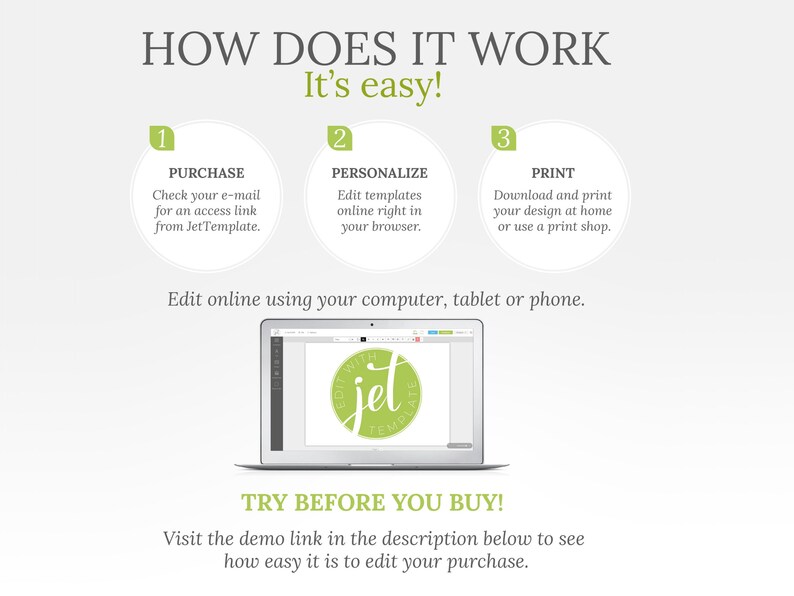 May include: A white background with green text that reads "How Does It Work? It's Easy!"  Three steps are outlined with numbers and green circles. Step 1: Purchase. Step 2: Personalize. Step 3: Print. A laptop screen shows a design template with the word "Jet" in a circle. The text below the steps reads "Edit online using your computer, tablet or phone."  The text below the laptop screen reads "Try Before You Buy! Visit the demo link in the description below to see how easy it is to edit your purchase."