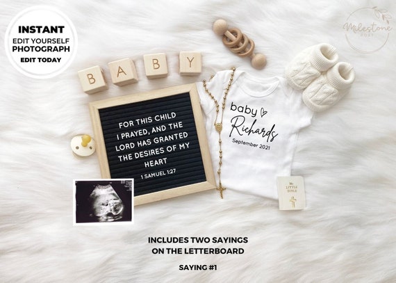 Download Editable Edit Yourself Letterboard Onesie Pregnancy Announcement Social Media Post Baby Announcement Religious Catholic Christian Download By Milestonepost Catch My Party