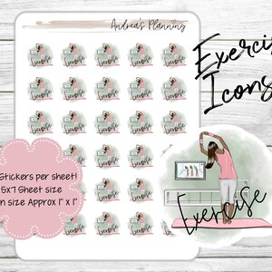 Puede incluir: Una hoja de 30 pegatinas con temática de ejercicio que muestran a una mujer con ropa de entrenamiento rosa haciendo un estiramiento frente a una pantalla de televisión. Las pegatinas miden aproximadamente 2,5 cm por 2,5 cm y están dispuestas en una cuadrícula de 5x7. El texto "Exercise Icons" está escrito en cursiva negra en la parte superior derecha de la imagen.
