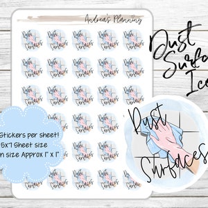 May include: A sheet of 30 stickers featuring a hand with a blue cloth dusting a tiled surface. The stickers are 1 inch by 1 inch and are arranged in a 5x7 grid. The text "Dust Surfaces Icons" is written in a large font at the top of the sheet.
