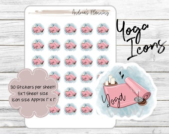 May include: A sheet of 30 yoga mat stickers, each measuring 1 inch by 1 inch. The stickers feature a pink yoga mat with the word "Yoga" written on it. The sheet is 5 inches by 7 inches. The text "30 Stickers per sheet! 5x7 Sheet size Icon size Approx 1" x 1" Andrea's Planning Yoga Icons" is also included on the sheet.