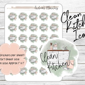 May include: A sheet of 30 stickers featuring a green watercolor design with the text "Clean Kitchen" in a white box. The stickers are approximately 1 inch by 1 inch. The sheet is 5 inches by 7 inches. There is also a larger sticker with a watercolor design of a kitchen counter with a coffee maker, a broom, and a bucket.