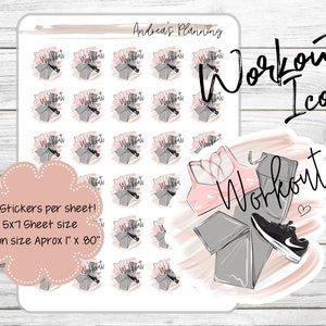 Puede incluir: Una hoja de 30 pegatinas con temática de entrenamiento que incluyen un sujetador deportivo rosa, leggings grises y zapatillas de correr negras. Las pegatinas miden 2,5 cm por 2 cm y están dispuestas en una cuadrícula de 5x7. El texto "Workout Icons" está escrito en negro en la parte superior de la hoja.