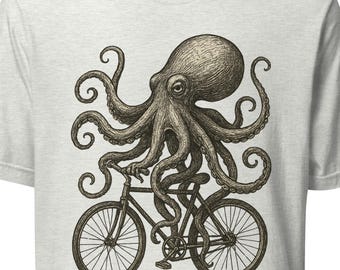 Octopus Bicycle T-Shirt, Vintage Sea Creature Cycling Tee, Giant Octopus Bike Tshirt