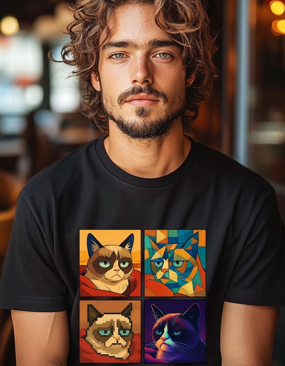 Grumpy Cat Meme T-Shirt - Iconic Angry Cat Graphic Tee - Pixel, Cubism & Neon Styles - Funny Unisex Gift for Cat Lovers