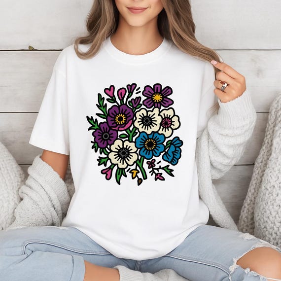 Cottagecore Floral T-Shirt: Retro Folk Art Bouquet Graphic Tee