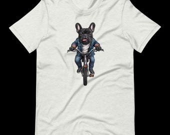 Unisex t-shirt black French Bulldog on a Bike T-Shirt – Funny Dog Graphic Tee, Cool Dog and Bicycle Lover Gift