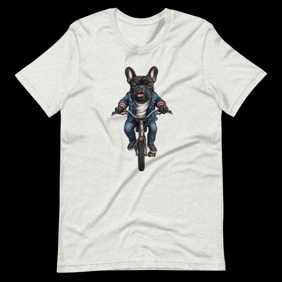 Unisex t-shirt black French Bulldog on a Bike T-Shirt – Funny Dog Graphic Tee, Cool Dog and Bicycle Lover Gift