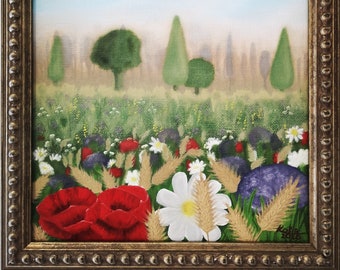 Tuscany, oil on canvas, original, flowers, nature, meadow, home decor art, interior decor, living room, handmade
