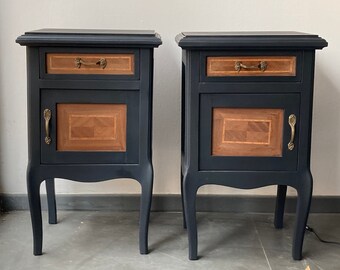 2 vintage bedside tables shabby black