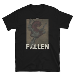 May include: Black t-shirt with a graphic of a person falling with wings, and the word "FALLEN" in white text.