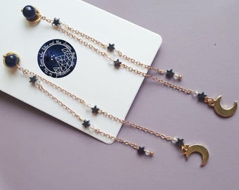 Earrings with natural black pearls and Czech crystal and hematite stone stars. Hypoallergenic steel clasp.