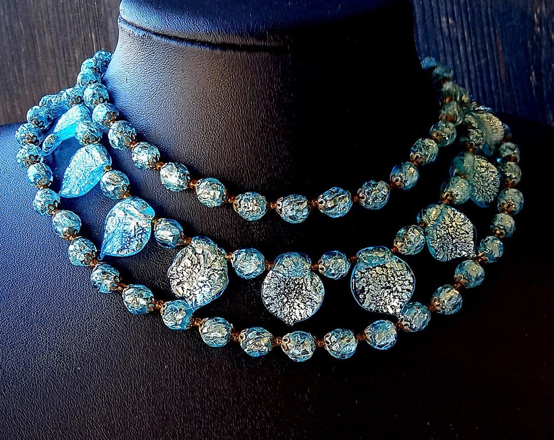 Vintage Foil Glass Bead Necklacevivid Blue Murano Etsy
