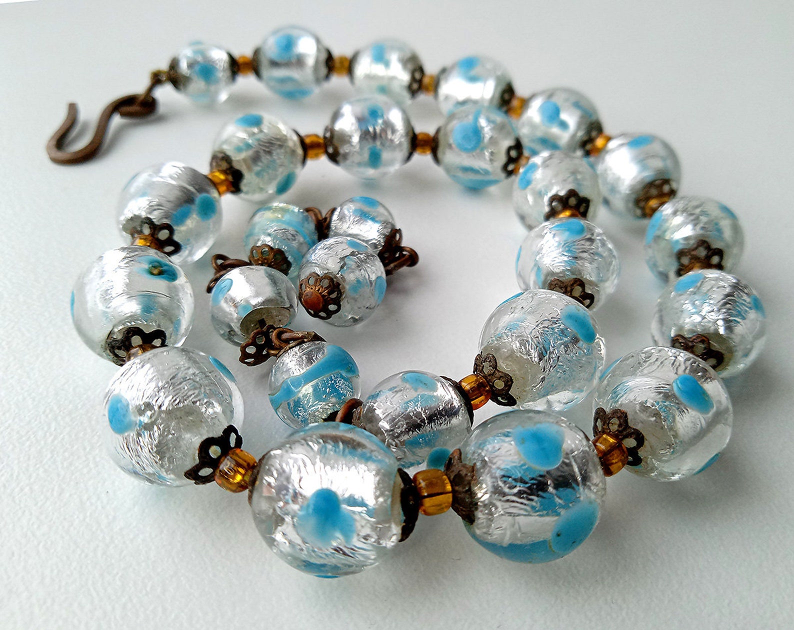 Vintage Foil Glass Bead Necklacefancy Eyes Murano Etsy