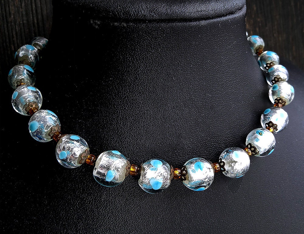 Vintage Foil Glass Bead Necklacefancy Eyes Murano Glass Beaded
