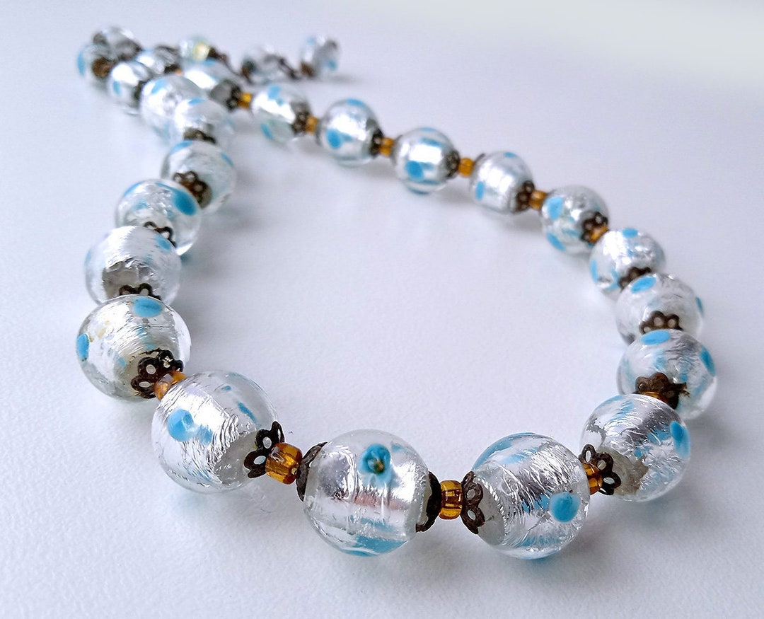 Vintage Foil Glass Bead Necklacefancy Eyes Murano Glass Beaded